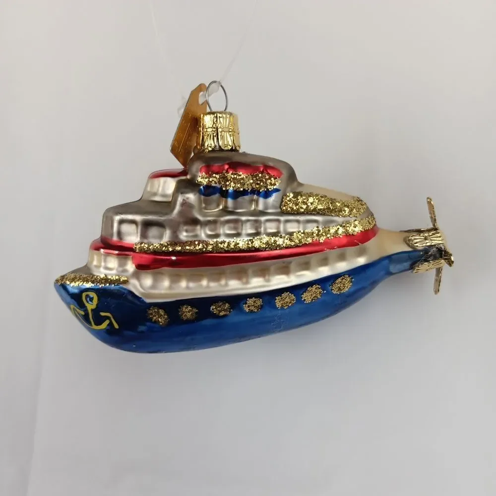 Discovery Channel Blown Glass Ornament Ship Yacht Glitter Christmas Tree Holiday